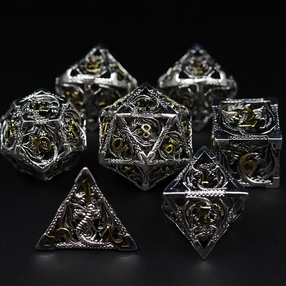 7-Piece Hollow Metal Dice Set - Ancient Bronze Steampunk Style Polyhedral Dice For D&D & Tabletop Games