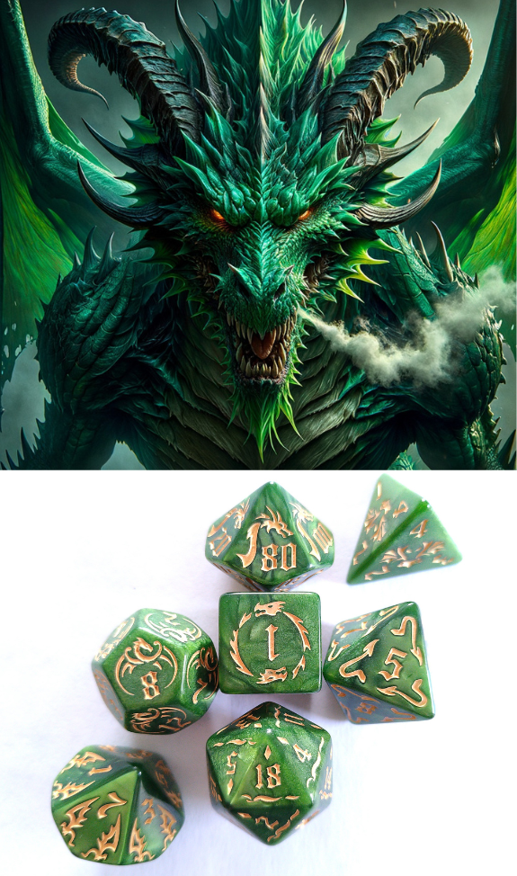 Green Dragon 7-Dice Set - complete polyhedral dice set for DnD