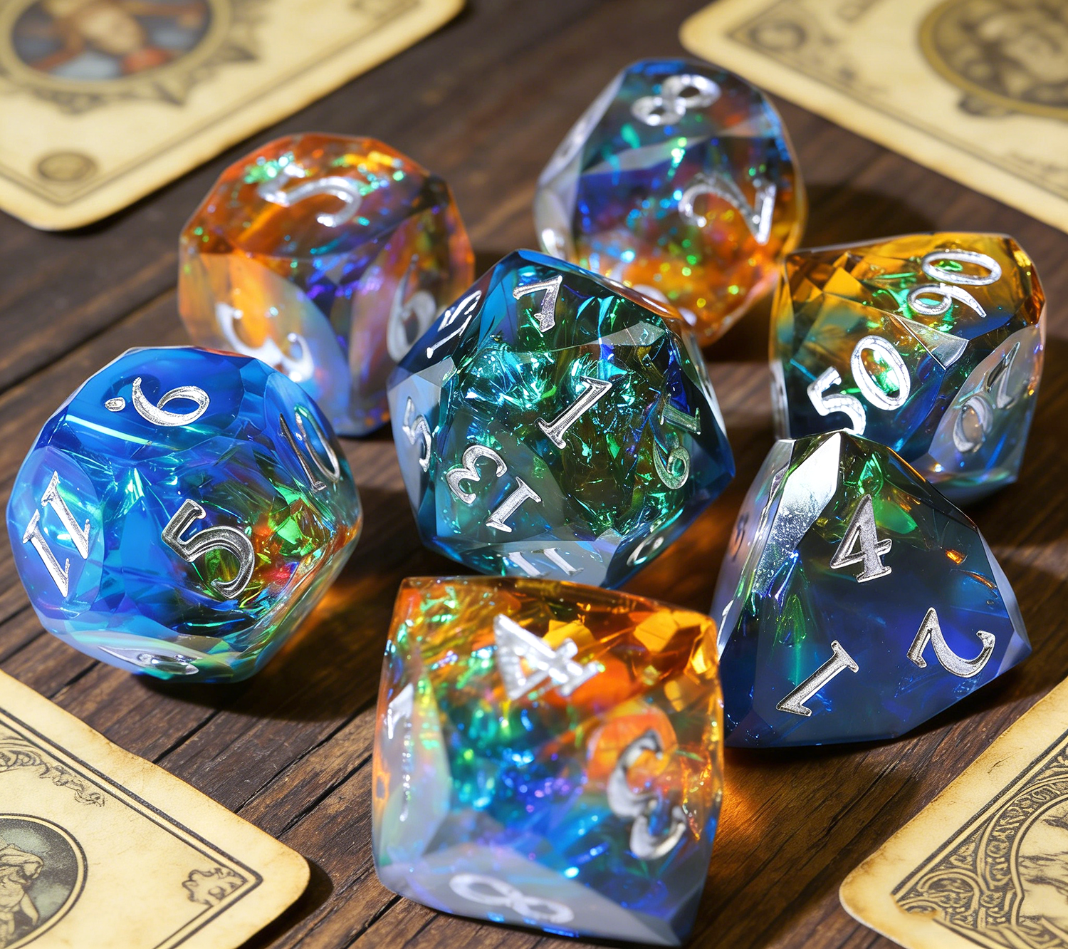 set of colorful polyhedral resin dice on a wooden table top