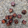 12 reddish dice with soft golden pips sitting on a textured rock