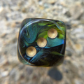 marbled green die with golden pips sitting on a textured rock