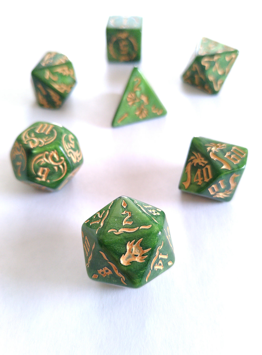 Green Dragon 7-Dice Set - complete polyhedral dice set for DnD