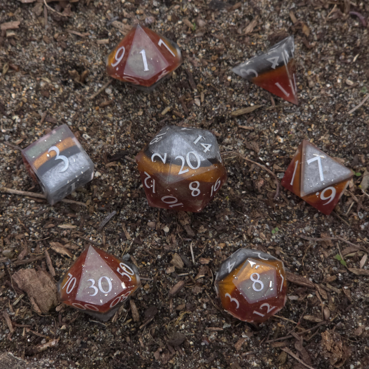 Sedimentary: Toffee & Silver Handmade 7-Dice Set