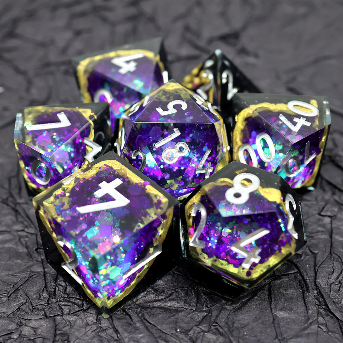 Purple Geode Sharpedge Dice Set - complete polyhedral dice set for DnD