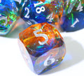 blue and orange polyhedral six-sided die