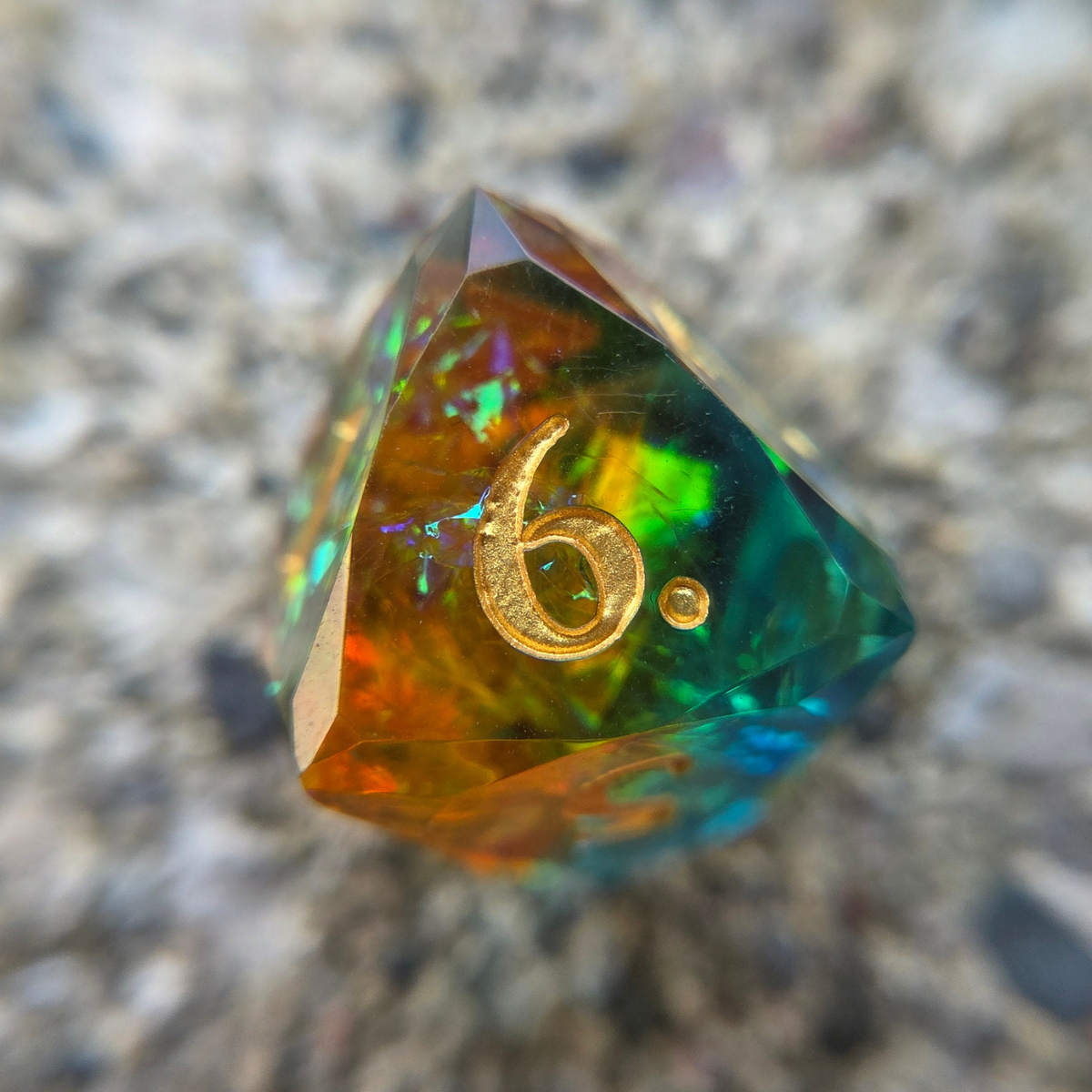 Orange, blue, and green d8 on a textured background