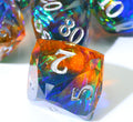 blue and orange eight-sided, resin die with faceted edges