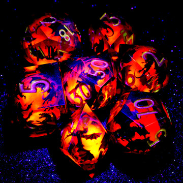 Glowing Dragon Liquid Core Dice - complete polyhedral dice set for DnD