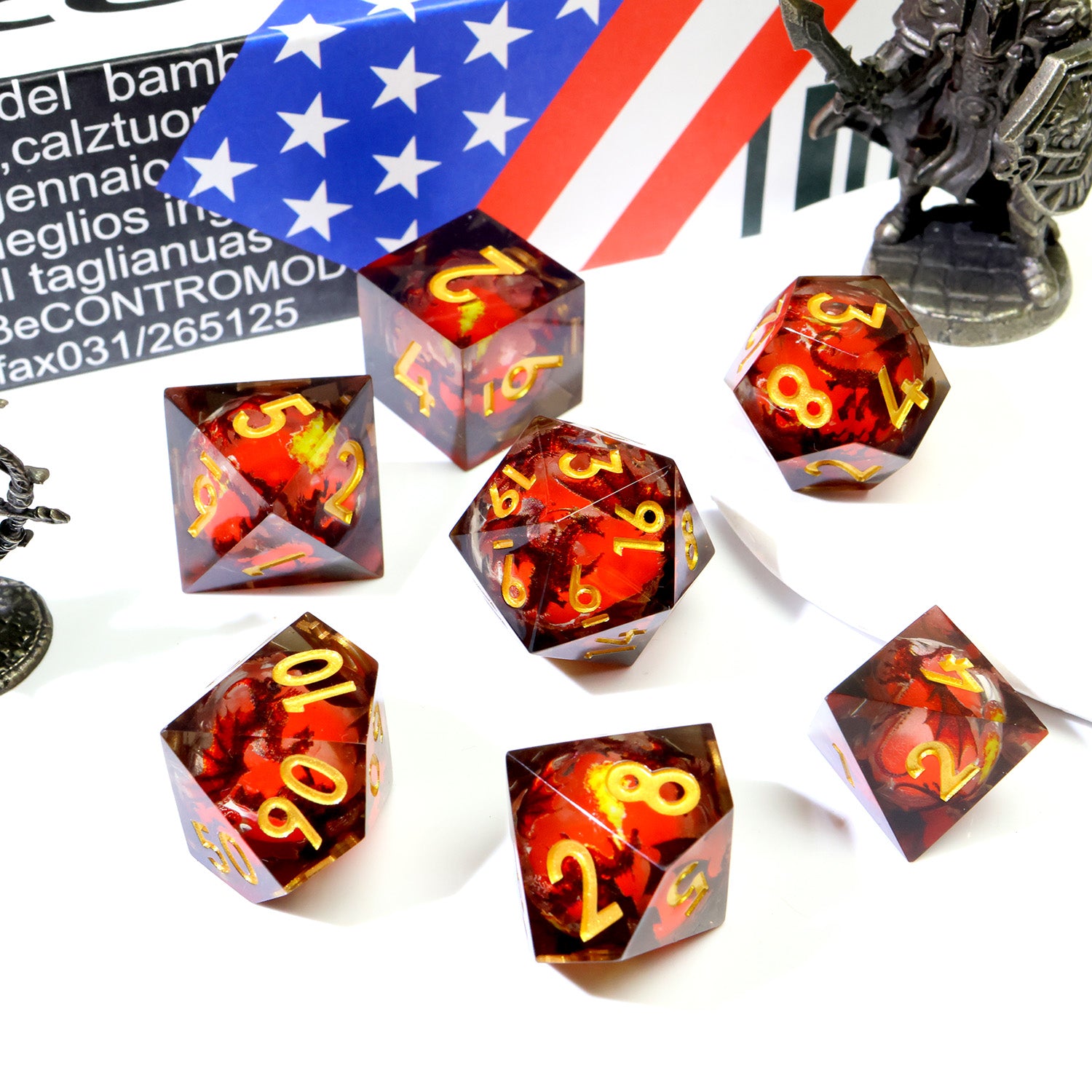 Glowing Dragon Liquid Core Dice dice set - individual dice spread view