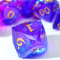 A eight-sided die with gold numbers on a white background