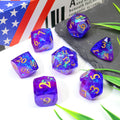 Full set of 7 polyhedral purple dice with holographic foils and gold numbers