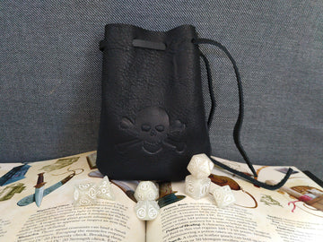 Skull & Crossbones Black Leather Dice Bag